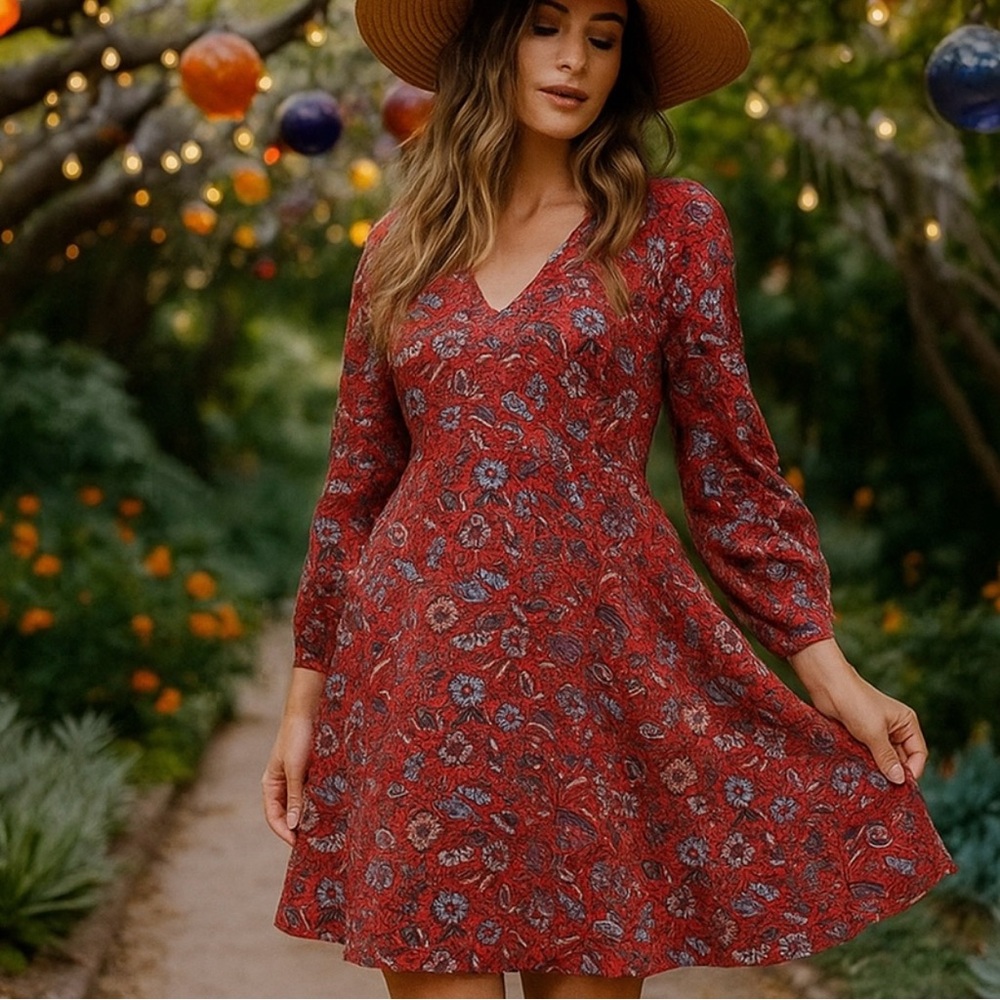Elegant Red Floral Long Sleeve Dress